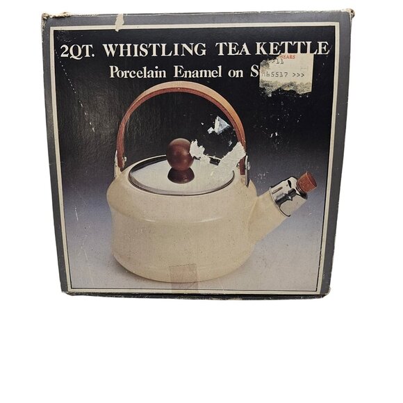 Vintage 1983 2 Qt Whistling Tea Kettle Porcelain Enamel Ivory W/Box Towle - Picture 2 of 16